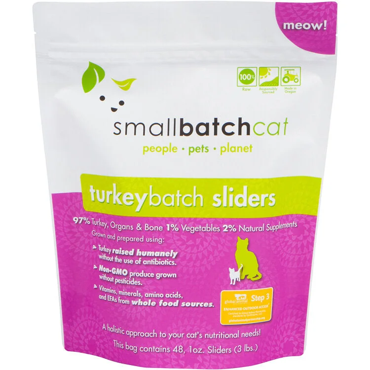 SmallBatch Frozen Raw Cat Food - Turkey Sliders 3lb Bag - 48 1oz sliders