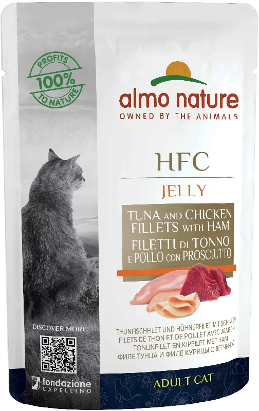 ALMO NATURE HFC Jelly Plic pentru pisici, cu ton şi pui cu şunca 55g