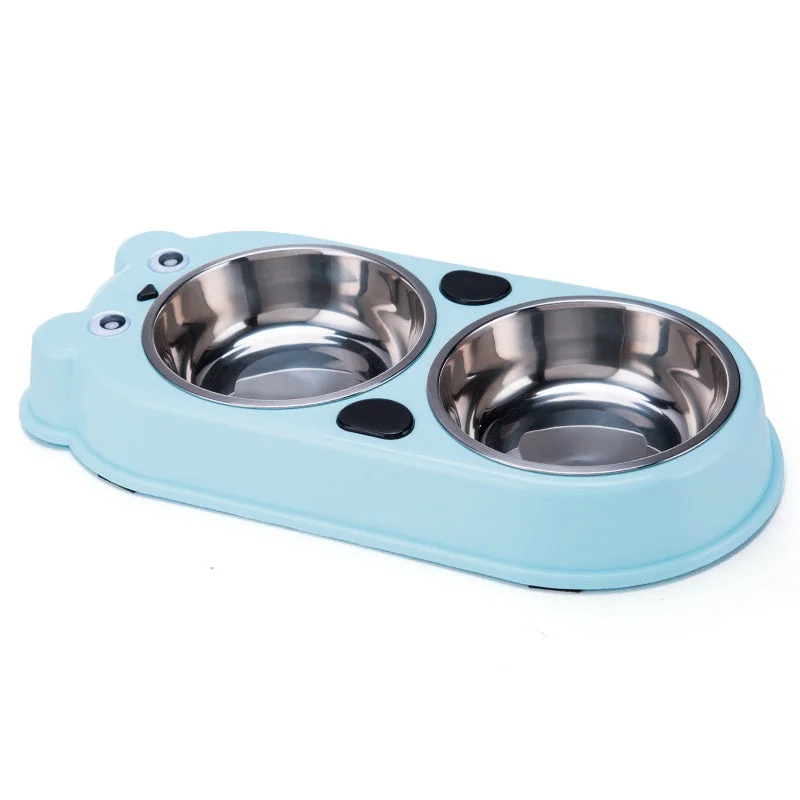 DOUBLE DINING BEAR SHAPED PET FEEDER WITH STAINLESS STEEL BOWL & NON SLIP RUBBER BOTTOM-BLUE- 37*18.5*5cm