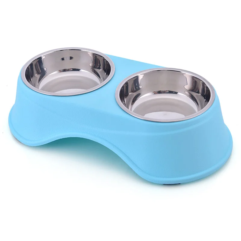 DOUBLE DINING PET FEEDER WITH STAINLESS STEEL BOWL & NON SLIP RUBBER BOTTOM-BLUE- 36.5*19*9