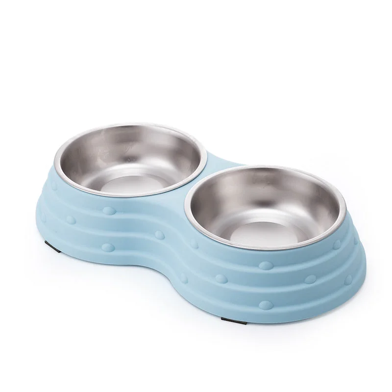 DOUBLE DINING PET FEEDER WITH STAINLESS STEEL BOWL & NON SLIP RUBBER BOTTOM-BLUE