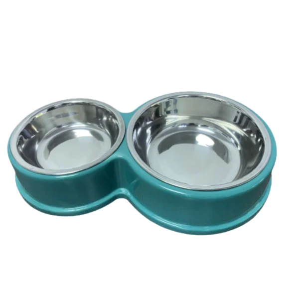 DOUBLE DINING PET FEEDER WITH STAINLESS STEEL BOWL & NON SLIP RUBBER BOTTOM-GREEN - 28.3*17.3*5cm