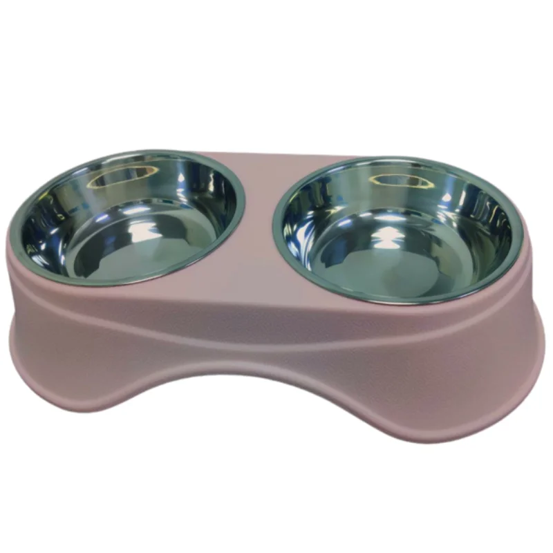 DOUBLE DINING PET FEEDER WITH STAINLESS STEEL BOWL & NON SLIP RUBBER BOTTOM-PINK- 36.5*19*9