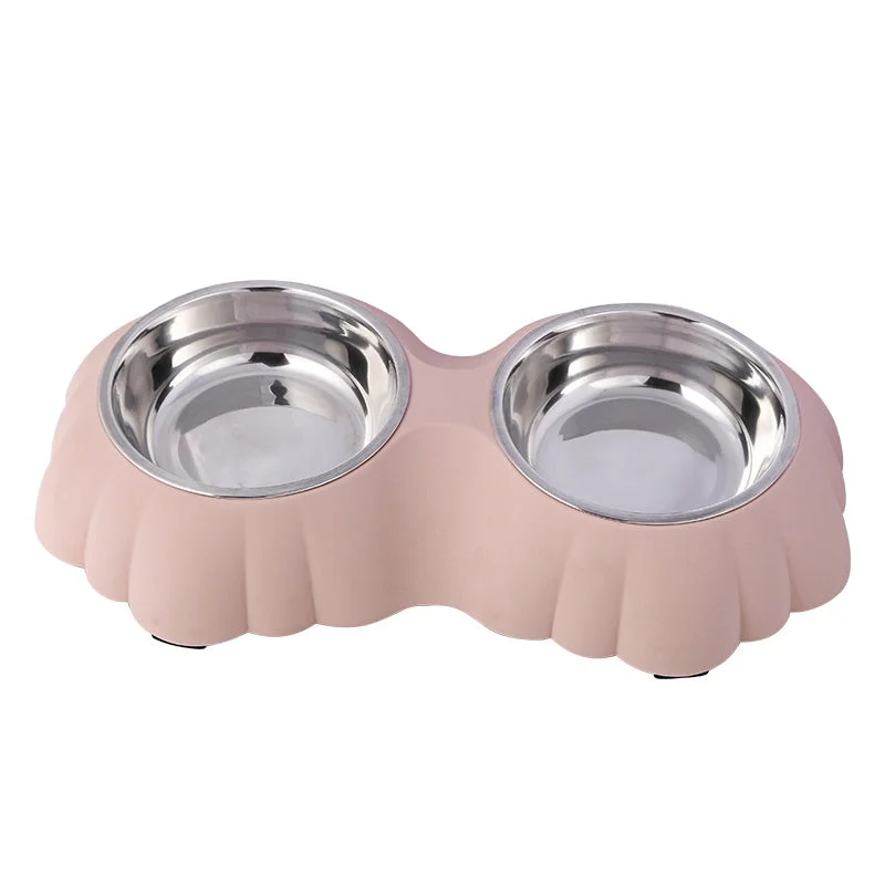 DOUBLE DINING PET FEEDER WITH STAINLESS STEEL BOWL & NON SLIP RUBBER BOTTOM-PINK- 38.4*22*6cm