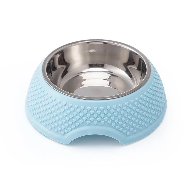 HEART PRINT PET FEEDER WITH STAINLESS STEEL BOWL & NON SLIP RUBBER BOTTOM-BLUE -19*12*7 cm