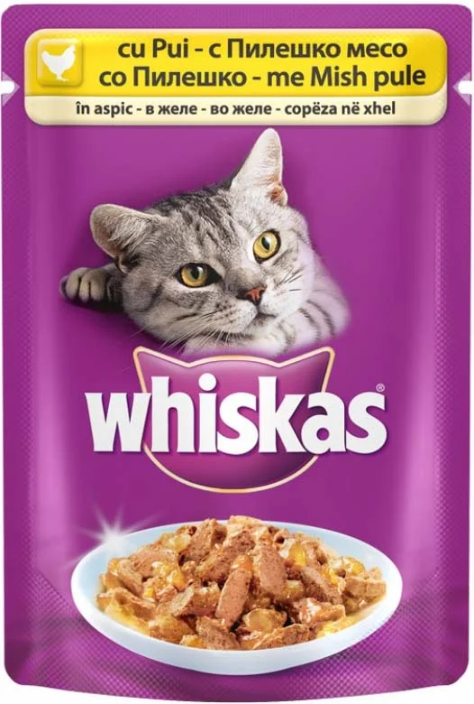 WHISKAS Plic hrană umedă pentru pisici adulte, cu Pui în aspic 100g