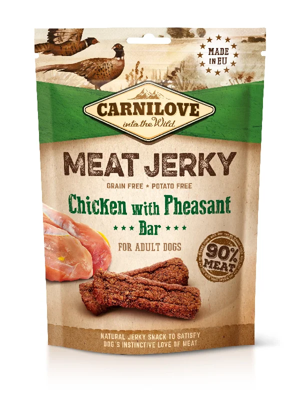 CARNILOVE Meat Jerky, piletina s fazanom, mesni fileti bez žitarica, 100g